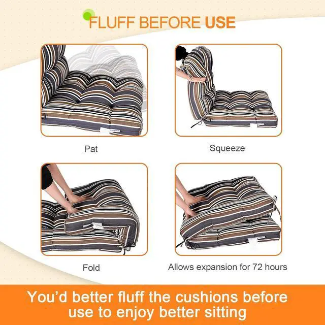 Alt view image 6 of 7 - Tufted Outdoor/Indoor Seat/Back Chair Cushions, 2 Pack, 42'' x 21'', Brown Stripe