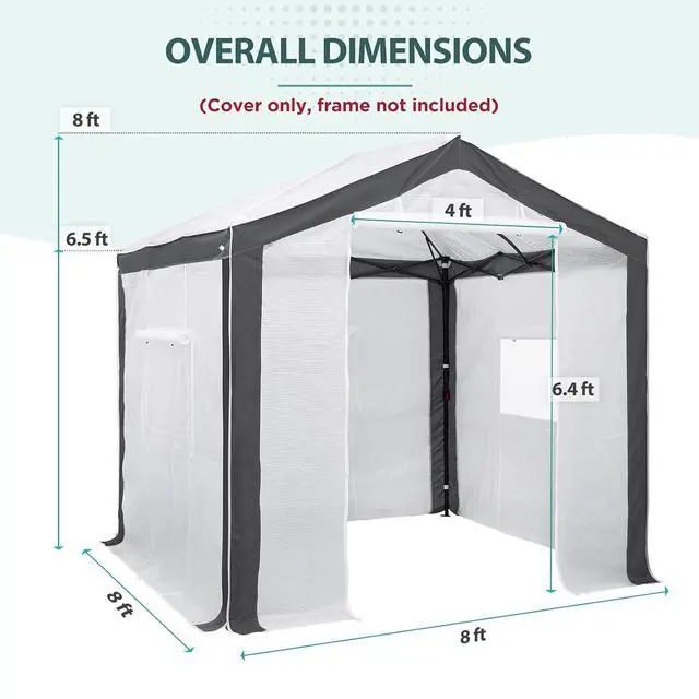 Alt view image 3 of 7 - Replacement Cover for 8x6 Portable Pop up Greenhouse with Polyester Reinforced Corners, Front Roll-Up Zipper Entry Door and 3 Large Roll-Up Side Windows (Frame Not Included), Gray/White