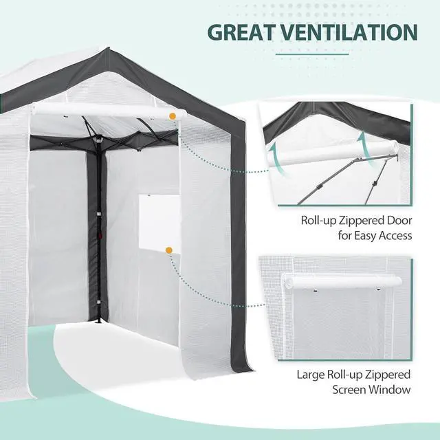Alt view image 2 of 7 - Replacement Cover for 8x6 Portable Pop up Greenhouse with Polyester Reinforced Corners, Front Roll-Up Zipper Entry Door and 3 Large Roll-Up Side Windows (Frame Not Included), Gray/White