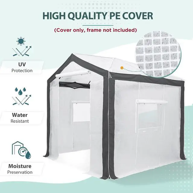 Alt view image 4 of 7 - Replacement Cover for 8x6 Portable Pop up Greenhouse with Polyester Reinforced Corners, Front Roll-Up Zipper Entry Door and 3 Large Roll-Up Side Windows (Frame Not Included), Gray/White