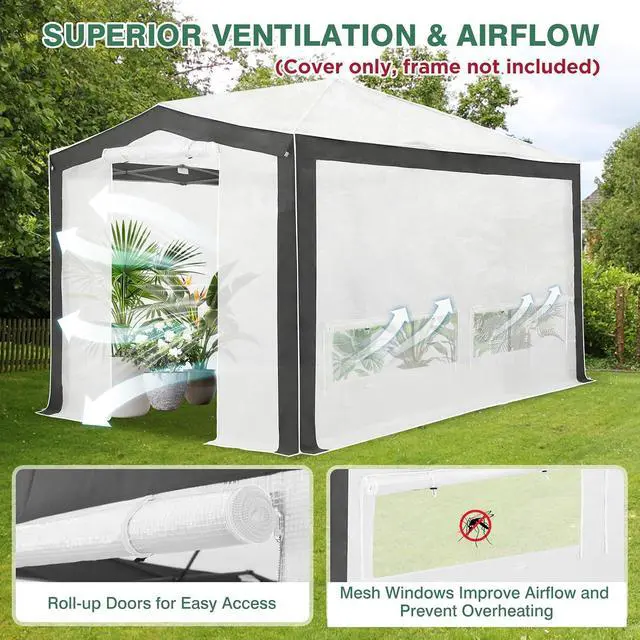 Alt view image 2 of 7 - Replacement Cover for 12x8 Pop up Greenhouse with Polyester Reinforced Corners, Front and Rear Roll-Up Zipper Entry Doors and 4 Roll-Up Side Windows (Frame Not Included), Gray/White