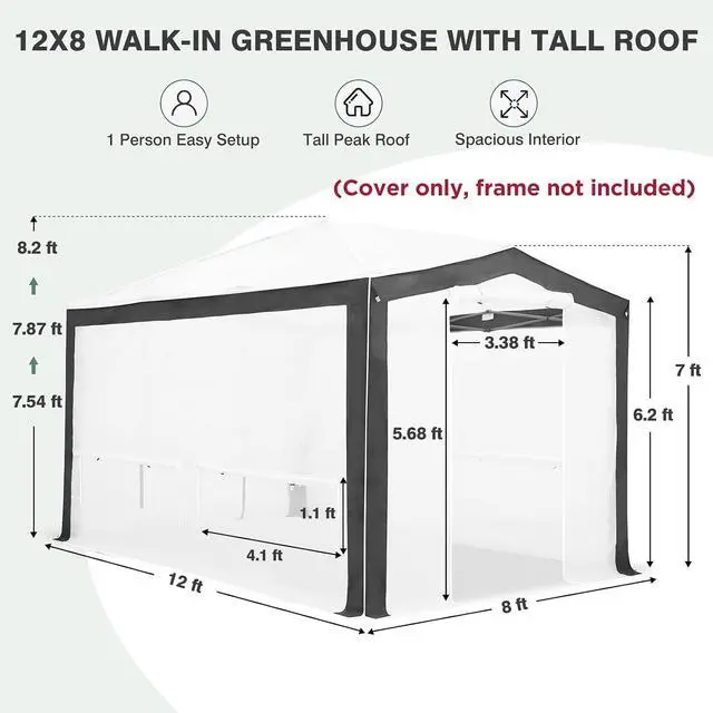 Alt view image 3 of 7 - Replacement Cover for 12x8 Pop up Greenhouse with Polyester Reinforced Corners, Front and Rear Roll-Up Zipper Entry Doors and 4 Roll-Up Side Windows (Frame Not Included), Gray/White