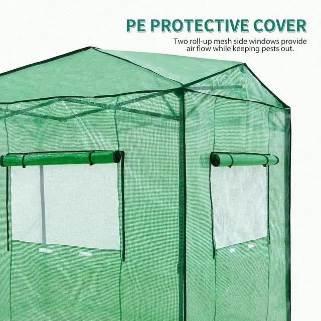 Alt view image 2 of 5 - Replacement Cover for 8x6 Portable Walk-in Pop up Greenhouse, Front Roll-Up Zipper Entry Door and 2 Large Roll-Up Side Windows (Frame Not Included), Green