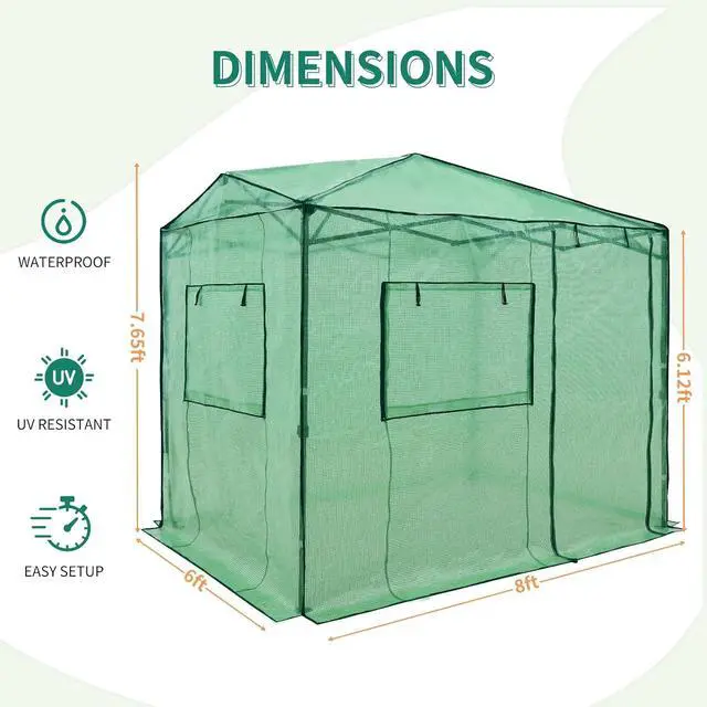 Alt view image 3 of 5 - Replacement Cover for 8x6 Portable Walk-in Pop up Greenhouse, Front Roll-Up Zipper Entry Door and 2 Large Roll-Up Side Windows (Frame Not Included), Green