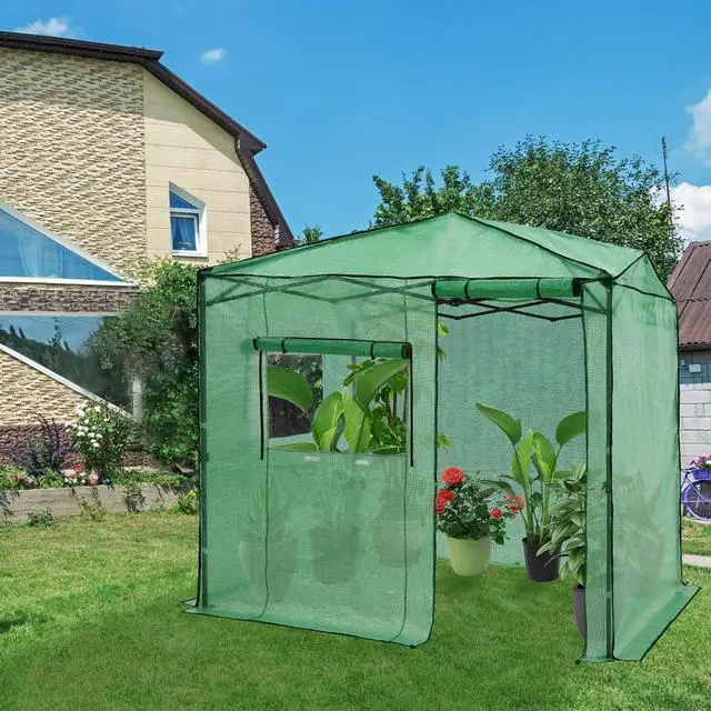Alt view image 4 of 5 - Replacement Cover for 8x6 Portable Walk-in Pop up Greenhouse, Front Roll-Up Zipper Entry Door and 2 Large Roll-Up Side Windows (Frame Not Included), Green