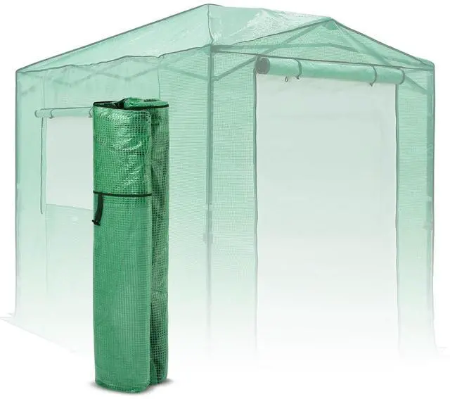 Main image of Replacement Cover for 8x6 Portable Pop up Greenhouse, Dual Roll-up Zipper PE Door & Upgraded Screen Mesh Door and 2 Roll-Up Side Windows (Frame Not Included), Green