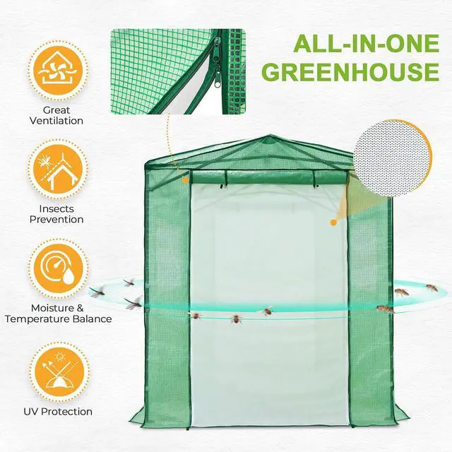 Alt view image 2 of 7 - Replacement Cover for 8x6 Portable Pop up Greenhouse, Dual Roll-up Zipper PE Door & Upgraded Screen Mesh Door and 2 Roll-Up Side Windows (Frame Not Included), Green