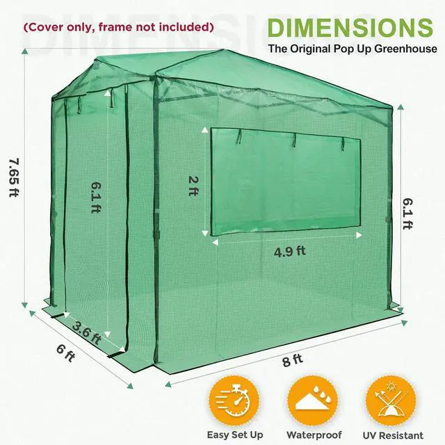 Alt view image 3 of 7 - Replacement Cover for 8x6 Portable Pop up Greenhouse, Dual Roll-up Zipper PE Door & Upgraded Screen Mesh Door and 2 Roll-Up Side Windows (Frame Not Included), Green