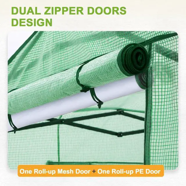 Alt view image 4 of 7 - Replacement Cover for 8x6 Portable Pop up Greenhouse, Dual Roll-up Zipper PE Door & Upgraded Screen Mesh Door and 2 Roll-Up Side Windows (Frame Not Included), Green