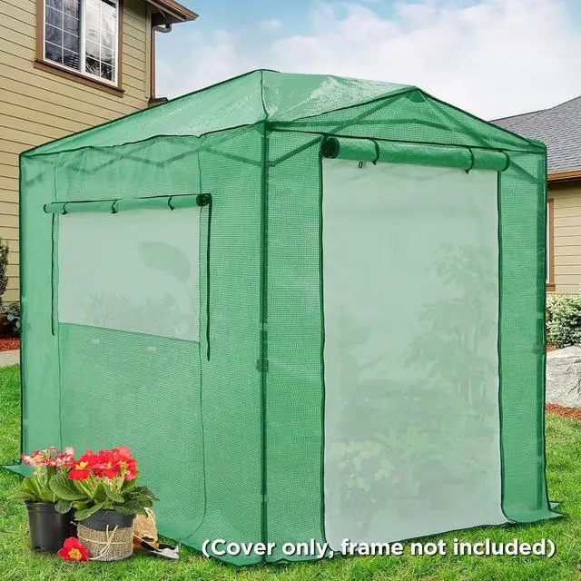 Alt view image 5 of 7 - Replacement Cover for 8x6 Portable Pop up Greenhouse, Dual Roll-up Zipper PE Door & Upgraded Screen Mesh Door and 2 Roll-Up Side Windows (Frame Not Included), Green