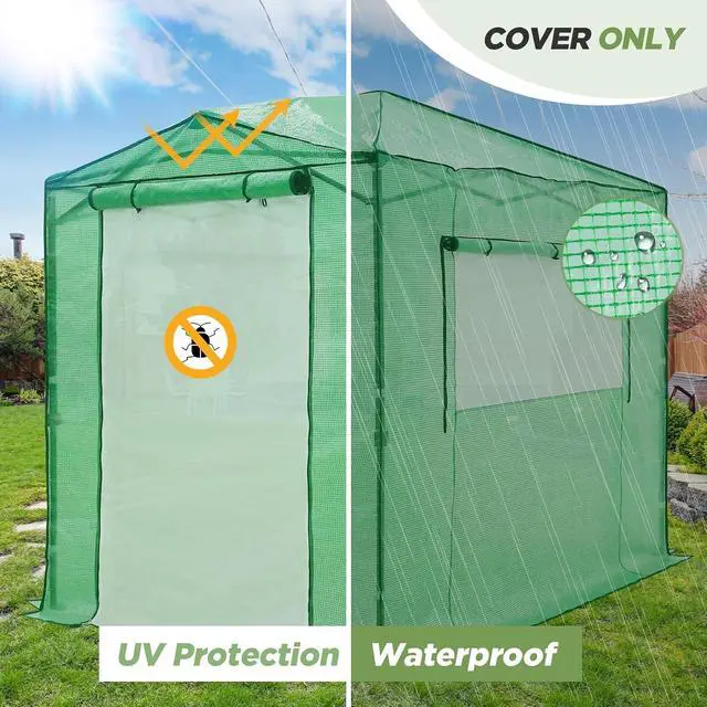 Alt view image 6 of 7 - Replacement Cover for 8x6 Portable Pop up Greenhouse, Dual Roll-up Zipper PE Door & Upgraded Screen Mesh Door and 2 Roll-Up Side Windows (Frame Not Included), Green