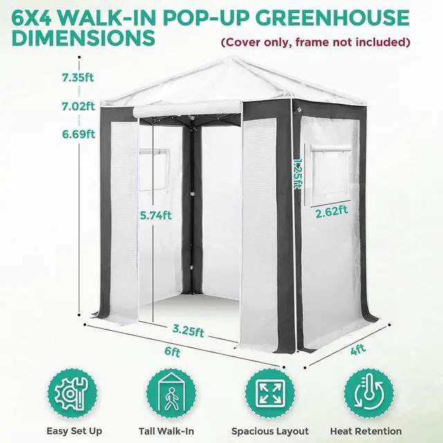Alt view image 3 of 7 - Replacement Cover for 6x4 Portable Pop up Greenhouse with Polyester Reinforced Corners, Front Roll-Up Zipper Entry Door and 2 Roll-Up Side Windows (Frame Not Included), Gray/White