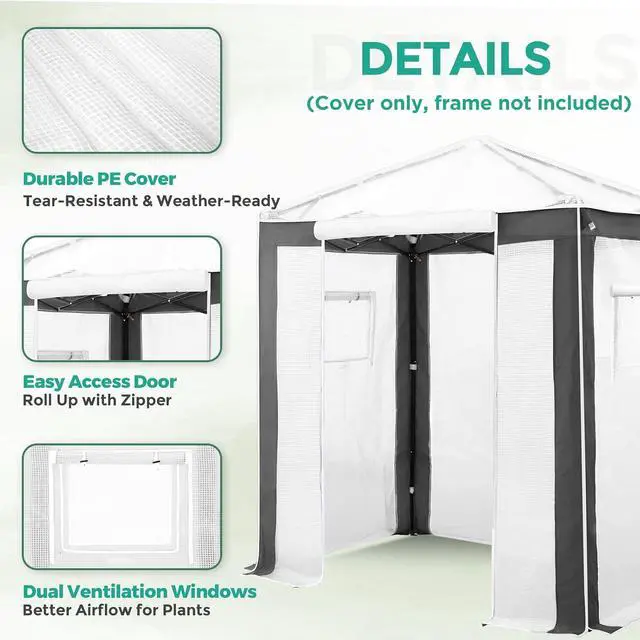 Alt view image 2 of 7 - Replacement Cover for 6x4 Portable Pop up Greenhouse with Polyester Reinforced Corners, Front Roll-Up Zipper Entry Door and 2 Roll-Up Side Windows (Frame Not Included), Gray/White