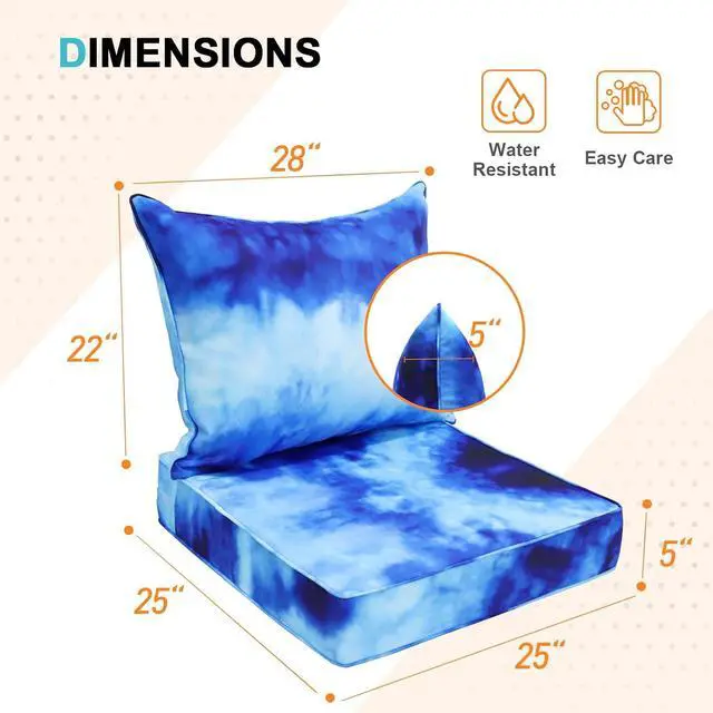 Alt view image 3 of 7 - Outdoor Deep Seat Patio Seat Cushion Set, 25 x 25 x 5 inch, 2-Piece Back Chair Cushion, 1 Pack, Tie Dye Blue
