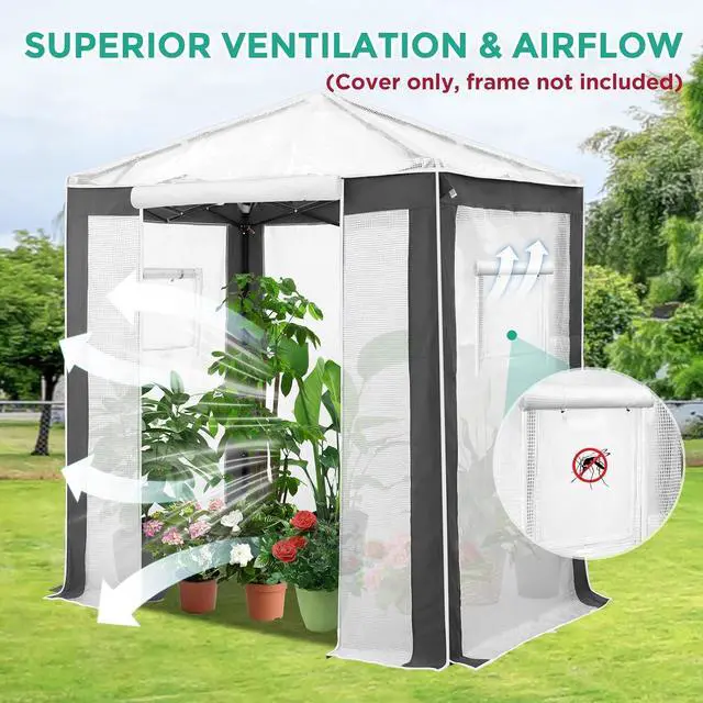 Alt view image 4 of 7 - Replacement Cover for 6x4 Portable Pop up Greenhouse with Polyester Reinforced Corners, Front Roll-Up Zipper Entry Door and 2 Roll-Up Side Windows (Frame Not Included), Gray/White