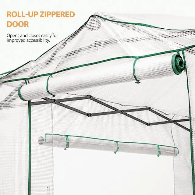 Alt view image 2 of 6 - Replacement Cover for 8x6 Portable Walk-in Pop up Greenhouse, Front and Rear Roll-Up Zipper Entry Doors and 2 Large Roll-Up Side Windows (Frame Not Included), White
