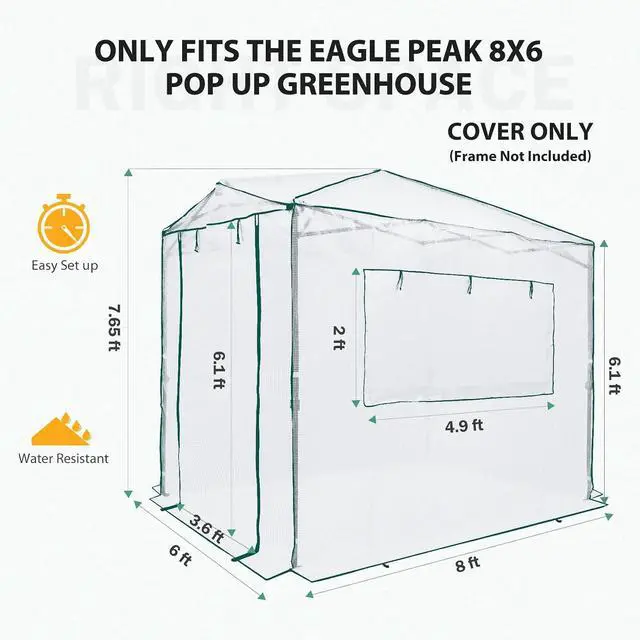 Alt view image 4 of 6 - Replacement Cover for 8x6 Portable Walk-in Pop up Greenhouse, Front and Rear Roll-Up Zipper Entry Doors and 2 Large Roll-Up Side Windows (Frame Not Included), White