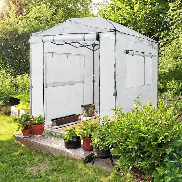 Alt view image 6 of 6 - Replacement Cover for 8x6 Portable Walk-in Pop up Greenhouse, Front and Rear Roll-Up Zipper Entry Doors and 2 Large Roll-Up Side Windows (Frame Not Included), White