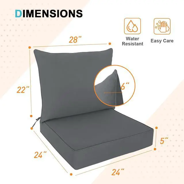 Alt view image 3 of 7 - Outdoor Deep Seat Patio Seat Cushion Set, 24 x 24 x 5 inch, 2-Piece Back Chair Cushion, 1 Pack, Gray