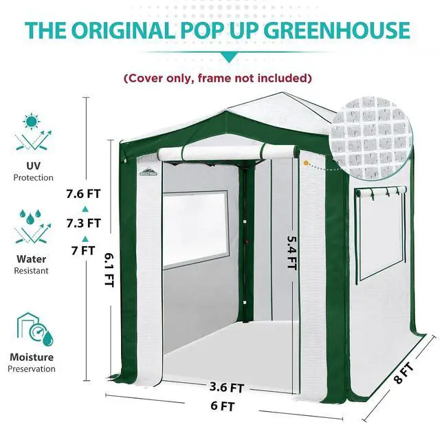Alt view image 3 of 7 - Replacement Cover for 8x6 Pop up Greenhouse with Polyester Reinforced Corners, Front and Rear Roll-Up Zipper Entry Doors and 2 Roll-Up Side Windows (Frame Not Included), Green/White