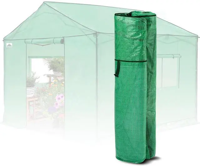 Main image of Replacement Cover for 10x10 Gable Roof Pop up Greenhouse, Front and Rear Roll-Up Zipper Entry Doors and 2 Large Roll-Up Side Windows (Frame Not Included), Green