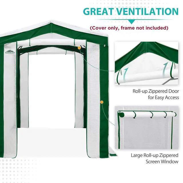 Alt view image 2 of 7 - Replacement Cover for 8x6 Pop up Greenhouse with Polyester Reinforced Corners, Front and Rear Roll-Up Zipper Entry Doors and 2 Roll-Up Side Windows (Frame Not Included), Green/White