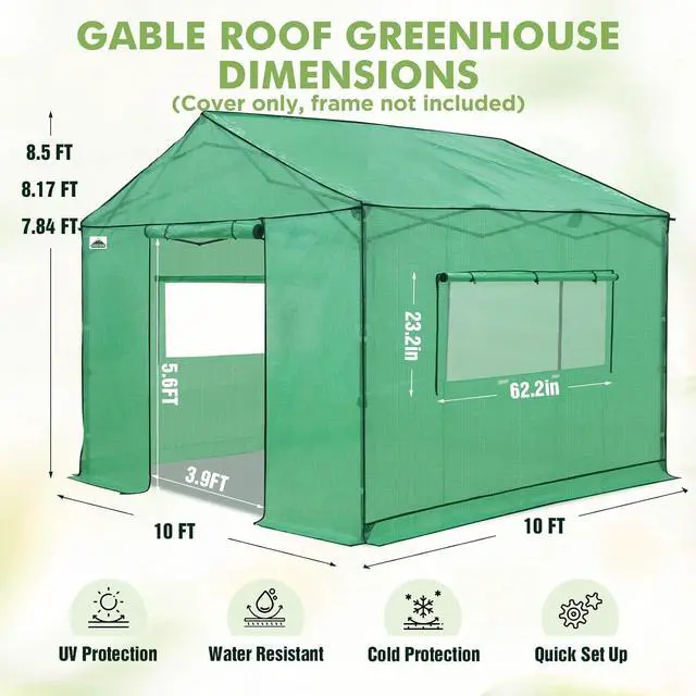 Alt view image 3 of 7 - Replacement Cover for 10x10 Gable Roof Pop up Greenhouse, Front and Rear Roll-Up Zipper Entry Doors and 2 Large Roll-Up Side Windows (Frame Not Included), Green