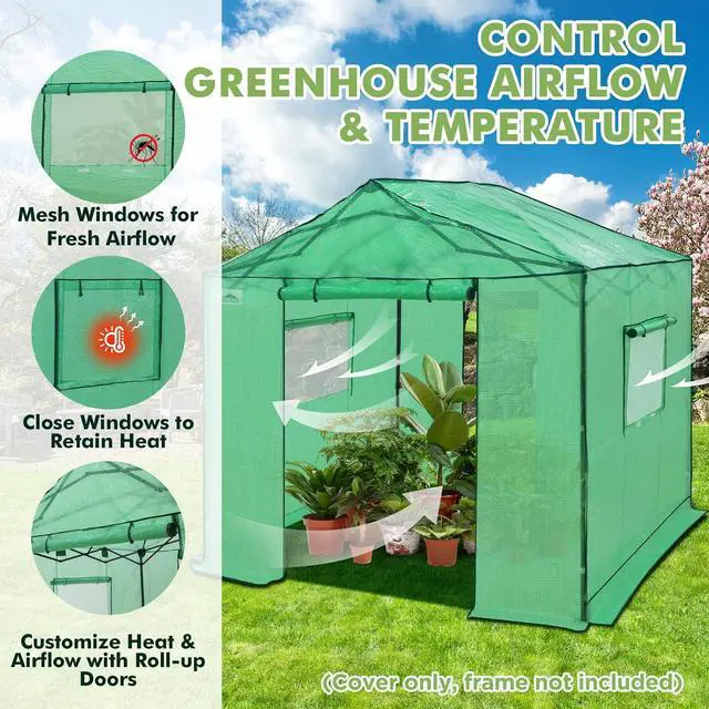 Alt view image 2 of 7 - Replacement Cover for 10x10 Gable Roof Pop up Greenhouse, Front and Rear Roll-Up Zipper Entry Doors and 2 Large Roll-Up Side Windows (Frame Not Included), Green
