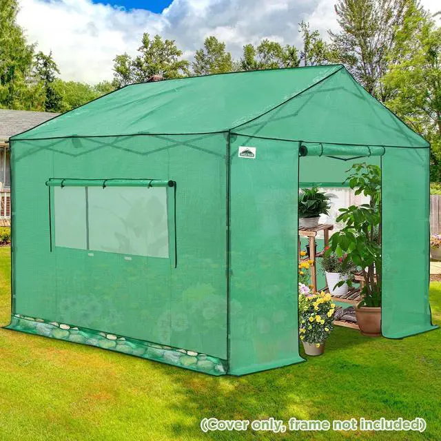 Alt view image 4 of 7 - Replacement Cover for 10x10 Gable Roof Pop up Greenhouse, Front and Rear Roll-Up Zipper Entry Doors and 2 Large Roll-Up Side Windows (Frame Not Included), Green