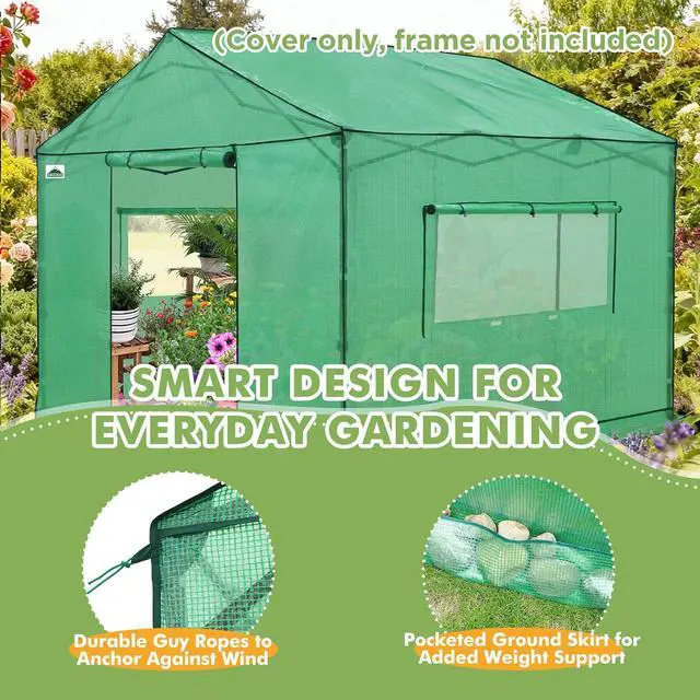 Alt view image 7 of 7 - Replacement Cover for 10x10 Gable Roof Pop up Greenhouse, Front and Rear Roll-Up Zipper Entry Doors and 2 Large Roll-Up Side Windows (Frame Not Included), Green