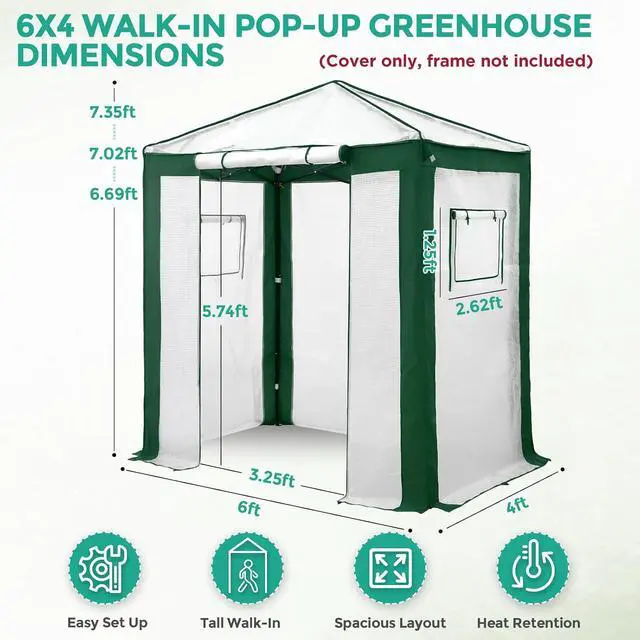 Alt view image 3 of 7 - Replacement Cover for 6x4 Portable Pop up Greenhouse with Polyester Reinforced Corners, Front Roll-Up Zipper Entry Door and 2 Roll-Up Side Windows (Frame Not Included), Green/White