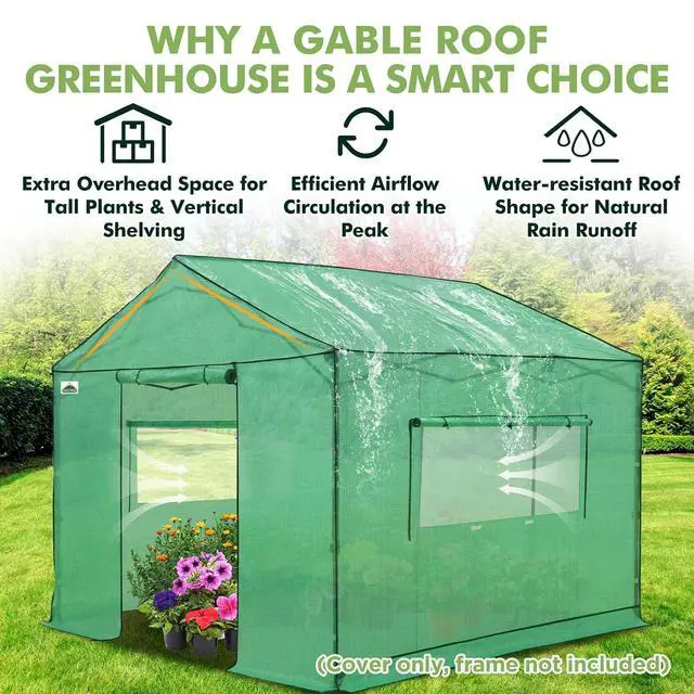 Alt view image 6 of 7 - Replacement Cover for 10x10 Gable Roof Pop up Greenhouse, Front and Rear Roll-Up Zipper Entry Doors and 2 Large Roll-Up Side Windows (Frame Not Included), Green
