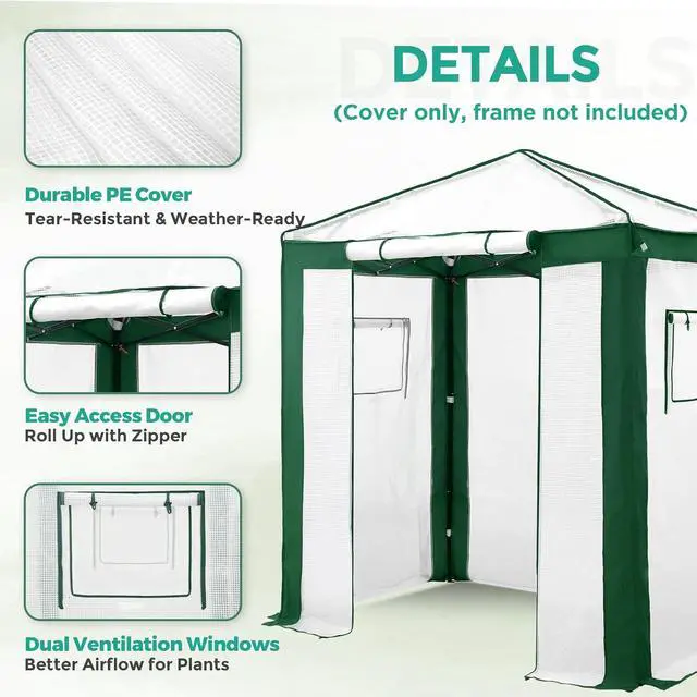 Alt view image 2 of 7 - Replacement Cover for 6x4 Portable Pop up Greenhouse with Polyester Reinforced Corners, Front Roll-Up Zipper Entry Door and 2 Roll-Up Side Windows (Frame Not Included), Green/White