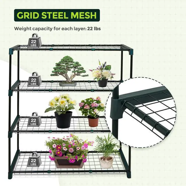 Alt view image 6 of 7 - Greenhouse Shelving Staging Double 4 Tier, Outdoor/Indoor Plant Shelves, 35"x12"x42", Green