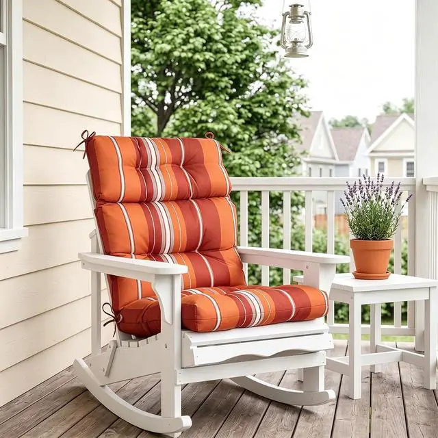 Alt view image 7 of 7 - Tufted Outdoor/Indoor High Back Patio Chair Cushions, 2 Pack, 46'' x 22'', Red Stripes