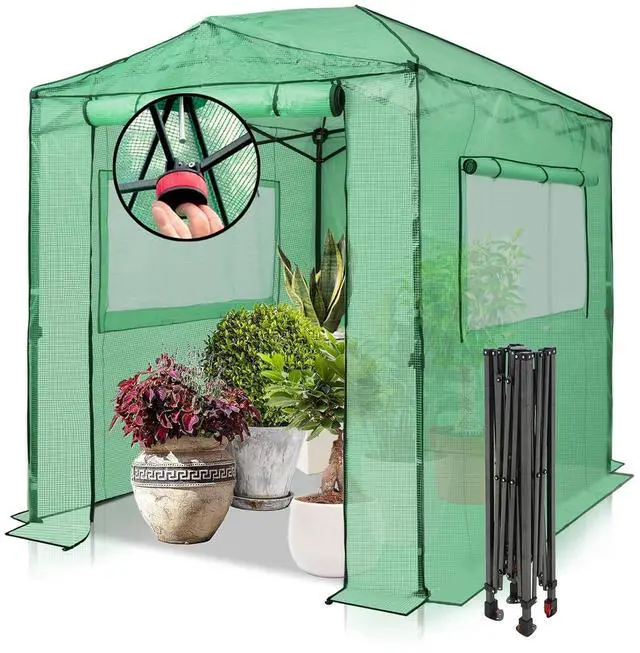 Main image of 8x6 Portable Walk in Greenhouse, Pop Up Indoor Outdoor Greenhouse, Green House Kit with Zippered Roll-Up Doors and Windows, PE Cover, Clear/Green