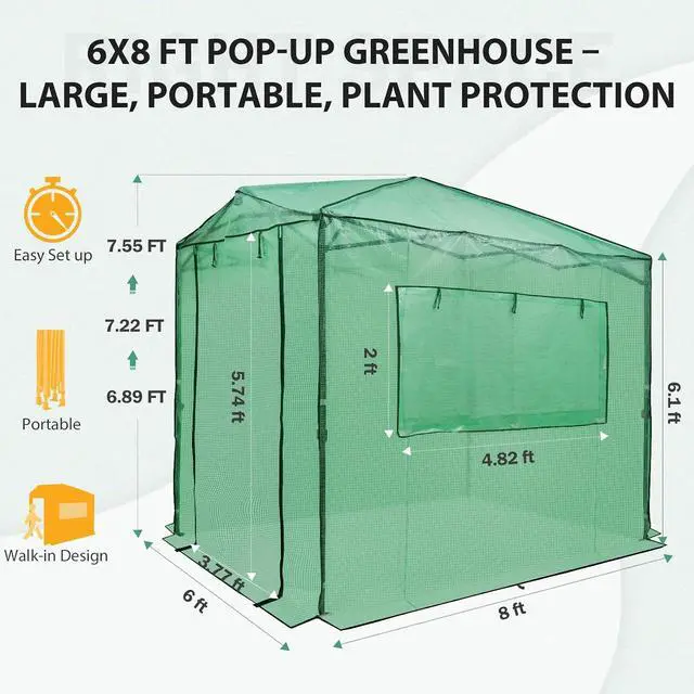 Alt view image 3 of 7 - 8x6 Portable Walk in Greenhouse, Pop Up Indoor Outdoor Greenhouse, Green House Kit with Zippered Roll-Up Doors and Windows, PE Cover, Clear/Green