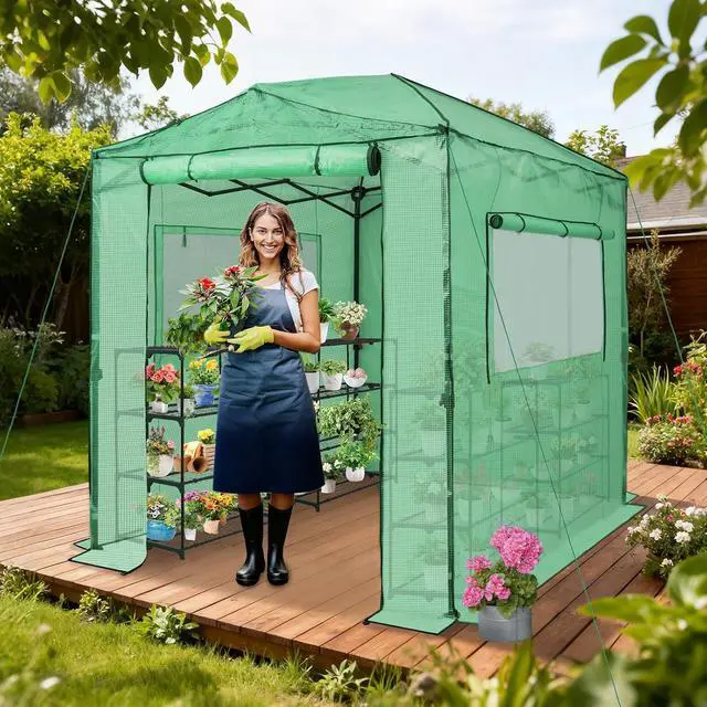 Alt view image 5 of 7 - 8x6 Portable Walk in Greenhouse, Pop Up Indoor Outdoor Greenhouse, Green House Kit with Zippered Roll-Up Doors and Windows, PE Cover, Clear/Green