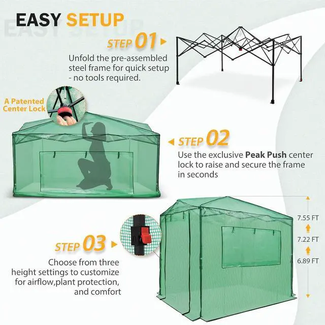 Alt view image 6 of 7 - 8x6 Portable Walk in Greenhouse, Pop Up Indoor Outdoor Greenhouse, Green House Kit with Zippered Roll-Up Doors and Windows, PE Cover, Clear/Green