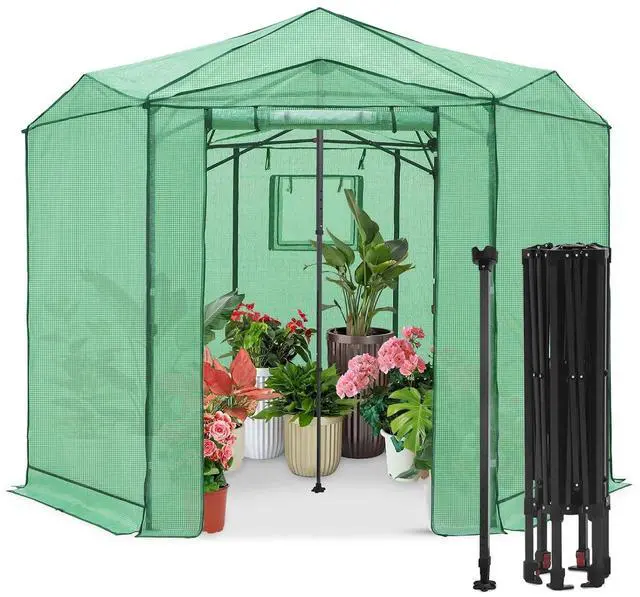 Main image of 8.5x8.5 Portable Walk in Greenhouse, Pop Up Indoor Outdoor Greenhouse, Green House Kit with Zippered Roll-Up Doors and Windows, Hexagon Design, PE Cover, Clear/Green