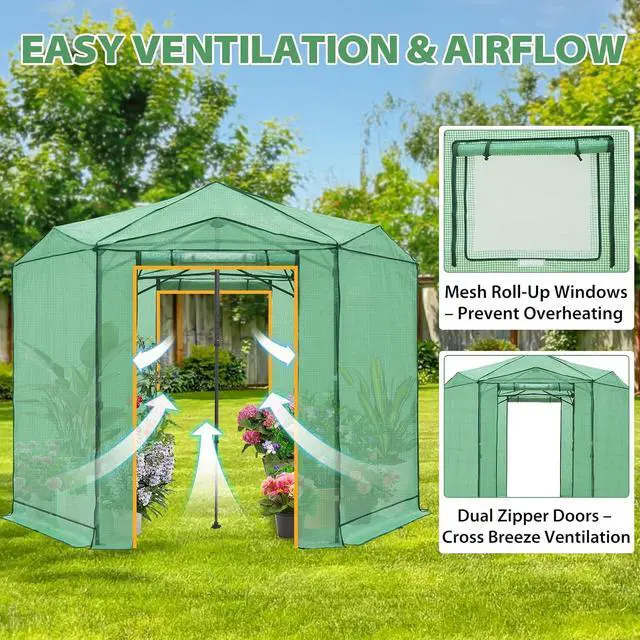 Alt view image 2 of 7 - 8.5x8.5 Portable Walk in Greenhouse, Pop Up Indoor Outdoor Greenhouse, Green House Kit with Zippered Roll-Up Doors and Windows, Hexagon Design, PE Cover, Clear/Green