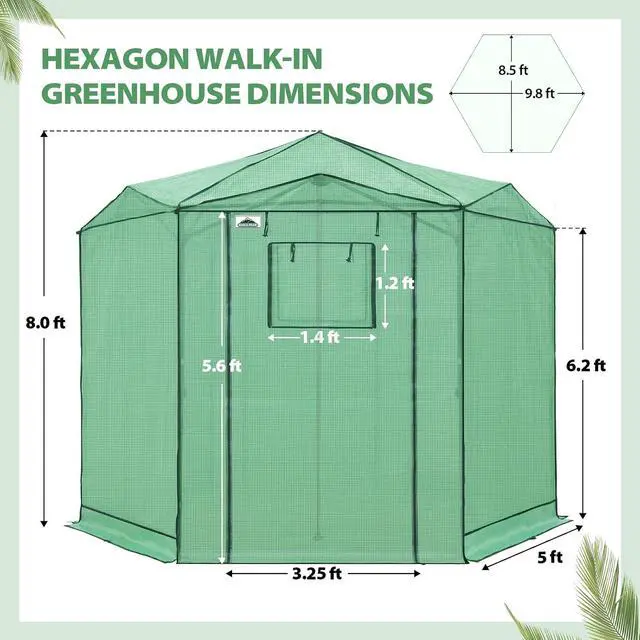 Alt view image 3 of 7 - 8.5x8.5 Portable Walk in Greenhouse, Pop Up Indoor Outdoor Greenhouse, Green House Kit with Zippered Roll-Up Doors and Windows, Hexagon Design, PE Cover, Clear/Green