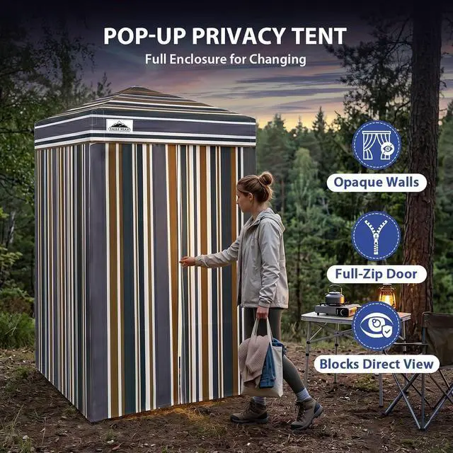Alt view image 2 of 7 - 4x4 Pop Up Changing Tent, Outdoor Changing Room, Brown Stripe | Portable, Privacy Tent, Pool Cabana, Dressing Room, Shower & Toilet Use, Opaque Fabric, Instant Setup, Photoshoots, Camping