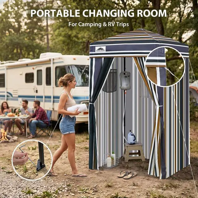 Alt view image 5 of 7 - 4x4 Pop Up Changing Tent, Outdoor Changing Room, Brown Stripe | Portable, Privacy Tent, Pool Cabana, Dressing Room, Shower & Toilet Use, Opaque Fabric, Instant Setup, Photoshoots, Camping