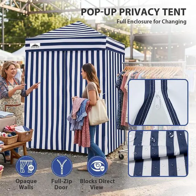 Alt view image 2 of 7 - 5x5 Pop Up Changing Tent, Outdoor Changing Room, White/Blue | Portable, Privacy Tent, Pool Cabana, Dressing Room, Shower & Toilet Use, Opaque Fabric, Instant Setup, Photoshoots, Camping