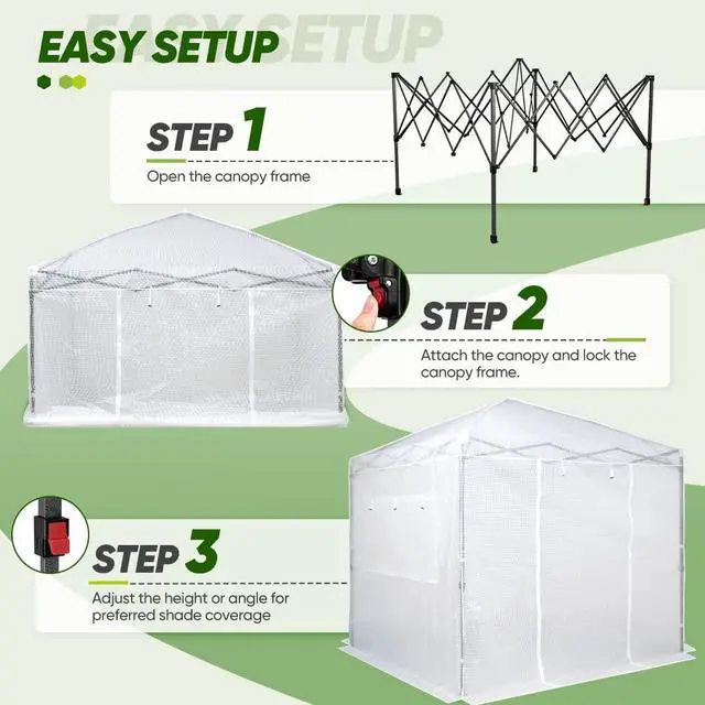 Alt view image 2 of 7 - 8x8 Portable Walk in Greenhouse, Pop Up Indoor Outdoor Greenhouse, Green House Kit with Zippered Roll-Up Doors and Windows, PE Cover, Clear/White