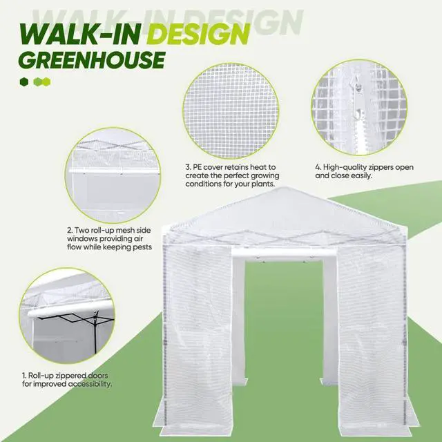 Alt view image 4 of 7 - 8x8 Portable Walk in Greenhouse, Pop Up Indoor Outdoor Greenhouse, Green House Kit with Zippered Roll-Up Doors and Windows, PE Cover, Clear/White