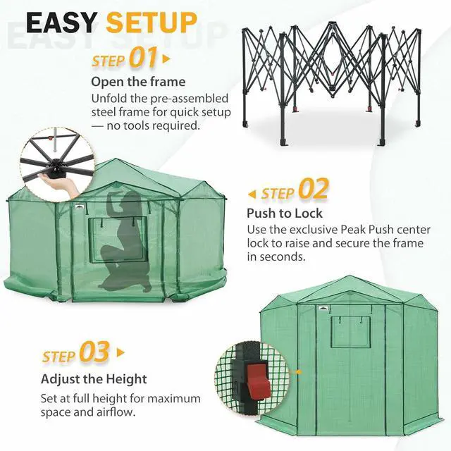 Alt view image 7 of 7 - 8.5x8.5 Portable Walk in Greenhouse, Pop Up Indoor Outdoor Greenhouse, Green House Kit with Zippered Roll-Up Doors and Windows, Hexagon Design, PE Cover, Clear/Green
