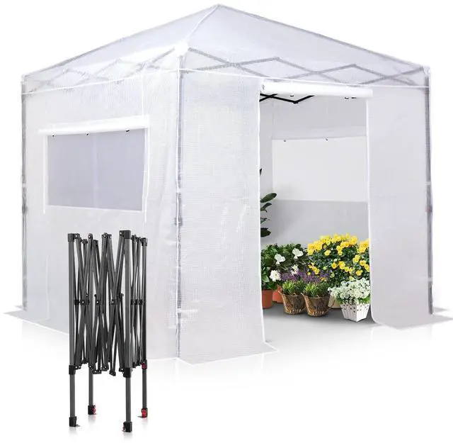 Main image of 8x8 Portable Walk in Greenhouse, Pop Up Indoor Outdoor Greenhouse, Green House Kit with Zippered Roll-Up Doors and Windows, PE Cover, Clear/White