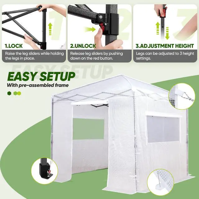Alt view image 3 of 7 - 8x8 Portable Walk in Greenhouse, Pop Up Indoor Outdoor Greenhouse, Green House Kit with Zippered Roll-Up Doors and Windows, PE Cover, Clear/White